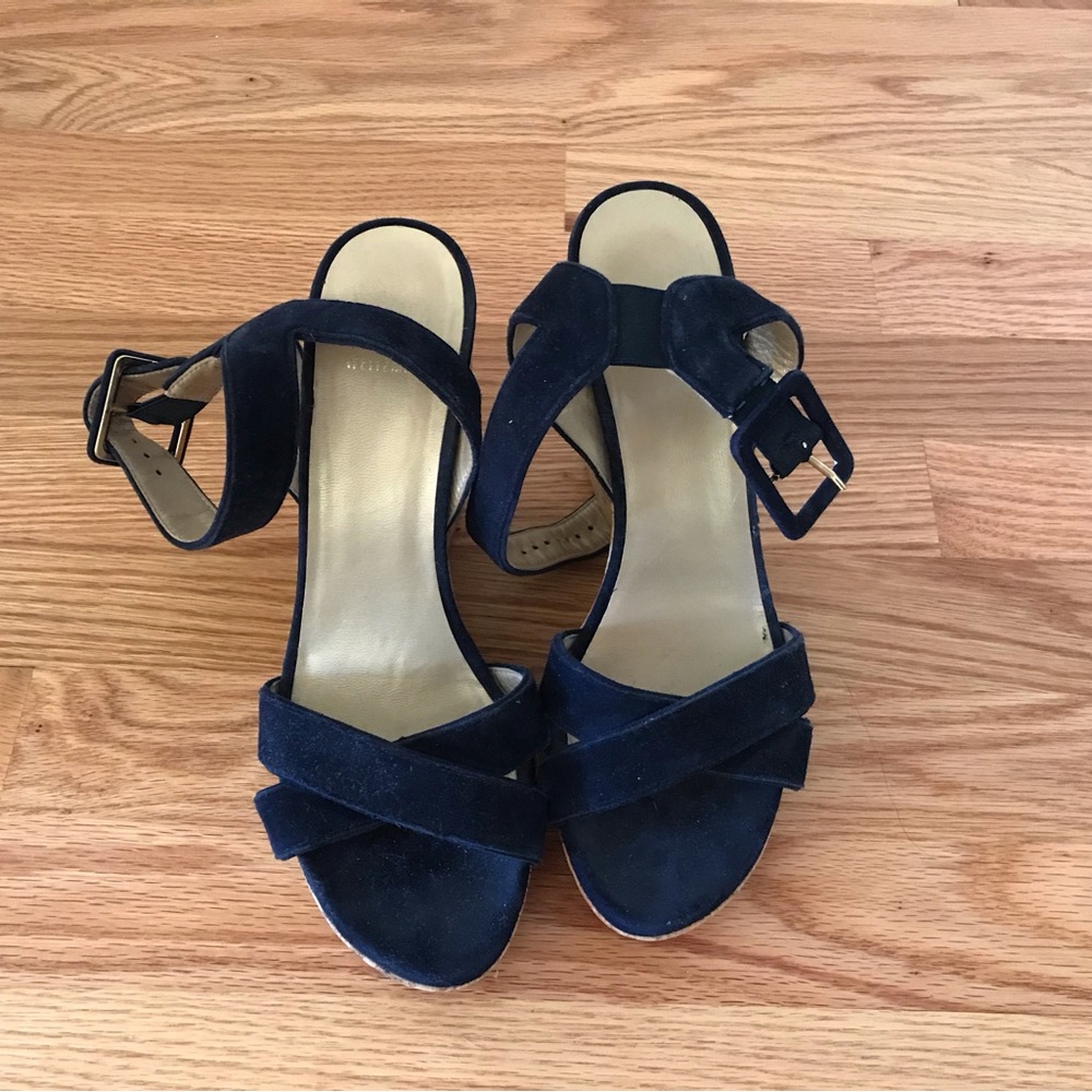 Stuart Weitzman navy suede wedge sandals